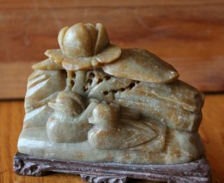 Marble Ducks Figurine Lily Pad Hand Carved Natural Stone Trinket Vintage Statue