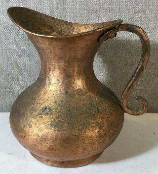 Vtg Solid Heavy Hammered Copper Water Pitcher 7.  5 " Patina