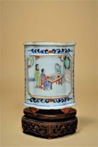 ⭕️ Cute Antique Chinese Porcelain Brush Pot,  W Wood Stand.  Marked.