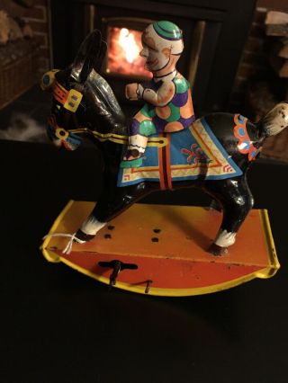 Vintage Gama Rare Wind Up Tin Toy.  Clown Riding Donkey.