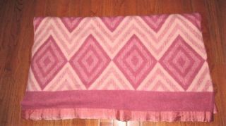 Vtg 66x74 Pink Rose Reversible Chevron Wool Blend Camp Blanket Satin Binding