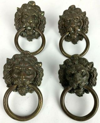 4 Vintage Lion Head Ring Pull Drawer Cabinet Door Handles Knobs Brass