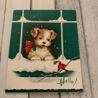 Vintage Greeting Card Christmas Dog In Window Red Bird