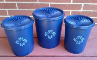 Vintage Tupperware Servalier Canister Set Of 3 Navy Blue With Snap Tight Lids