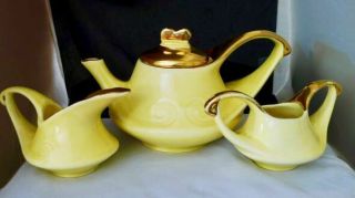 Vintage Art Deco Yellow Tea Set With Gold Trim,