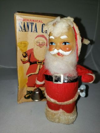 Vintage Santa Claus 50s Mechanical Alps Wind Up W/ Box Bell Ringer