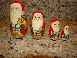 Vintage Wood Santa Nesting Dolls: Set Of 4 Tallest Is 4 " Tall Russian?