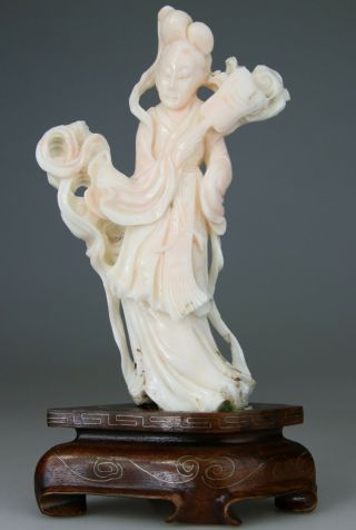 Antique Chinese White Angel Skin Coral Statue Figure Kwanyin Carved No Red 19th