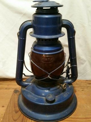 Vintage Blue Dietz Little Wizard No.  1 Lantern W/ Ruby Red Glass Globe
