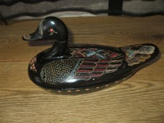 Vintage French Pate Tureen Wooden Dish In The Shape Of A Duck Hand Painted