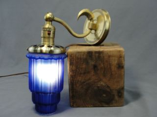 Mid Century Modern Brass Wall Sconce Ceiling Light Lamp Cobalt Blue Glass Shade