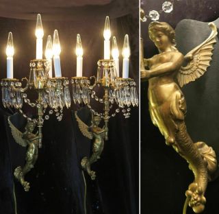 Pair Sconces Antique Deco Spelter Mermaid Crystal Brass Bronze Lamp Vintage Lady