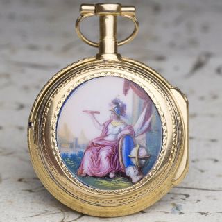 Enamel Painting Solid 18k Gold Verge Fusee Antique Pocket Watch
