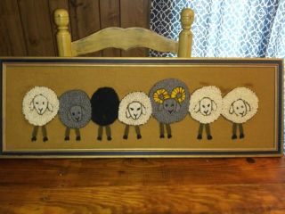 Mid Century Kitsch Sheep Handmade Vintage Crewel Yarn Embroidery Panel Framed