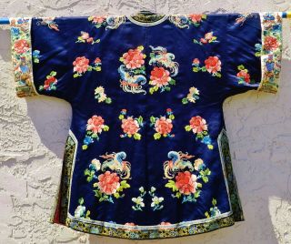 Fine Antique Chinese Silk Robe Forbidden Stitch Embroidery C.  1900