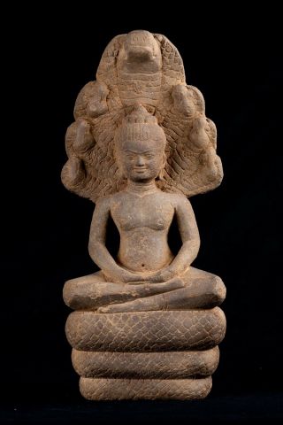 Antique 18th Century Bayon Style Khmer Stone Naga Meditation Buddha - 34cm/14 "