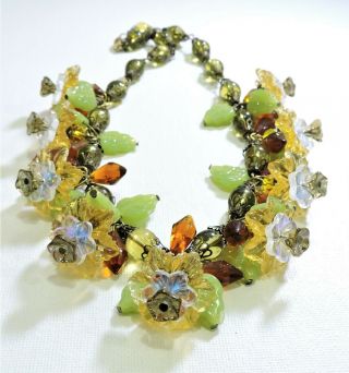 Vintage Yellow Amber Green Flower Leaves Lampwork Art Glass Bead Necklace De1918