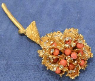 Stunning Heavy 3 " Vtg Signed Cadoro Coral Diamante Glass Flower Brooch Pin Pa72