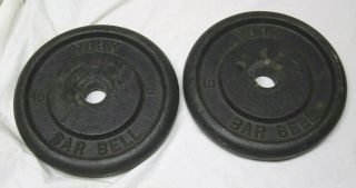 Two Vintage York Bar Bell 10 Lb Weight Plates,  20 Pounds Total