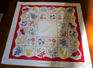 Vtg Tablecloth Simtex Cotton Fruit Pineapples Pears Apples Cherry Grapes 51x48 "