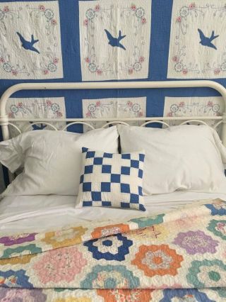 Blue White Ninepatch Vintage Cottage Farmhouse Quilt Pillow 14 " Charming