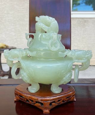 Vintage Chinese Green Jade Carved Censer