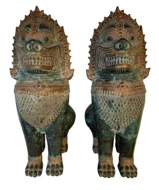 Antique Khmer Style Bronze Temple Guardians Or Lions (pair) - 52cm/21 "