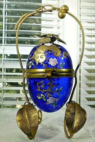 Antique Enameled Cobalt Blue Glass Egg Jewelry Casket Ormolu Floral Trinket Box
