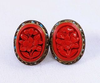 Vintage Sterling Silver Chinese Export Enamel Red Carved Cinnabar Earrings Oval