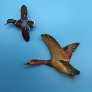 Hand Carved Bird By Jim White 1984 Mallard Duck Pin & Vintage Carved Goose Pin