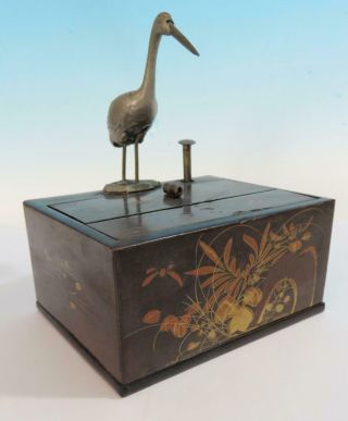 Antique Oriental Japanese Cigarette Box With Mechanical Crane / Bird