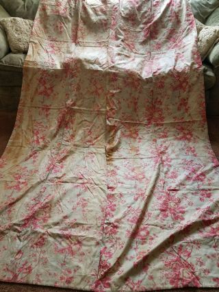 Antique Vtg French Pink Floral Print Drapes Curtains Victorian Roses 3of4 Pair