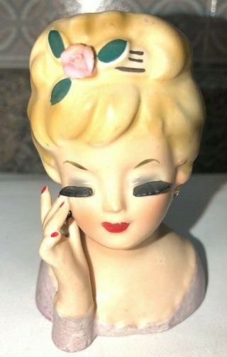 Head Vase E480 Small 3.  5 " Vintage Inarco Lady W/ Pearl Earring Porcelain 1963