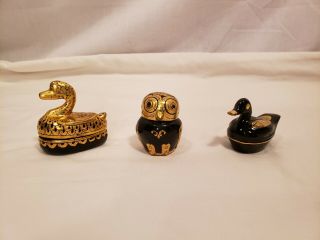 Set Of 3 Vintage Black Lacquer Paper Mache Trinket Box Animals,  2 Ducks 1 Owl
