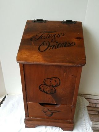 Vintage Large Wood Taters And Onions Storage Bin Container