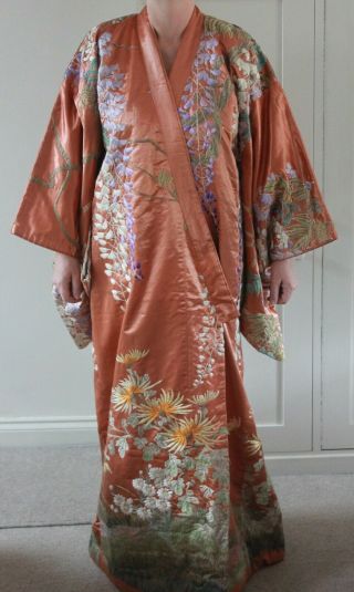 Antique Export Market Japanese Embroidered Silk Kimono And Obi
