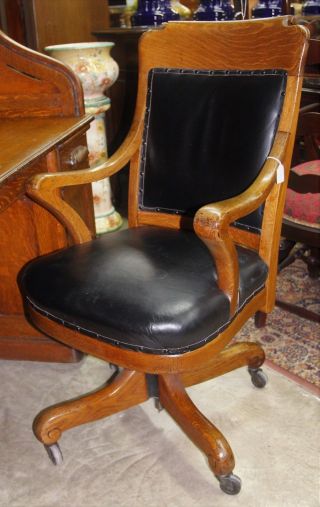 Antique American Golden Oak Roll Top Revolving Leather Office Desk Chair C 1920