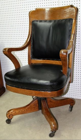 Antique American Golden Oak Roll Top Revolving Leather Office Desk Chair C 1920 2