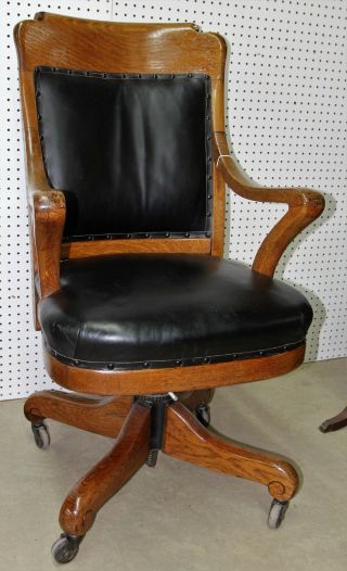 Antique American Golden Oak Roll Top Revolving Leather Office Desk Chair C 1920 3
