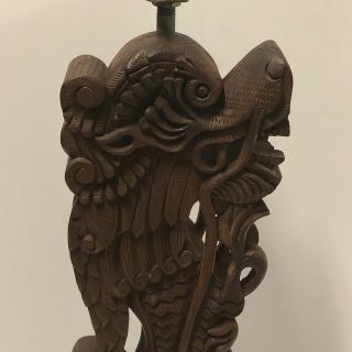 Vtg Hand Carved Wooden Chinese Dragon Lamp - Very Ornate & -