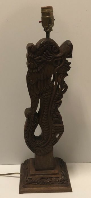 VTG Hand Carved Wooden Chinese Dragon Lamp - Very Ornate & - 2