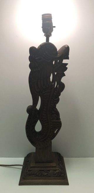 VTG Hand Carved Wooden Chinese Dragon Lamp - Very Ornate & - 3