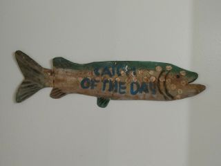 Antique Primitive Rusty Tin Painted Life Size Fish Sign Catch Of The Day Vintage