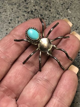 Old Pawn Vtg Navajo Signed Sterling Silver Turquoise Handmade Spider Bug Pin Sg