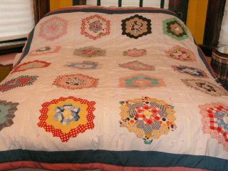 Vintage Cotton Patchwork Quilt Grandmothers Flower Garden Hexagon Quilt