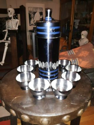 Vintage 1930s Art Deco Chase Chrome Cocktail Shaker w/Blue Bands & 8 Cups 2