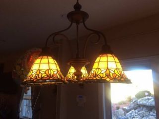 Hanging Tiffany Style Stained Glass Shade Lamp Antique 3 Light Chandelier