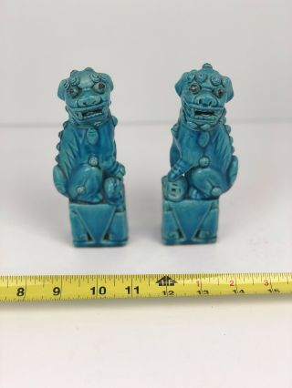 Pair Vintage Antique Chinese Porcelain Turquoise Ceramic Majolica Foo Dogs China