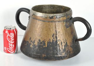 Antique Hammered Copper Apple Butter Pot Cauldron Handles 8.  5 " Tall 11 " Dia.