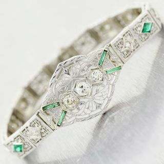 1930s Antique Art Deco Platinum 14k White Gold Diamond Emerald Filigree Bracelet